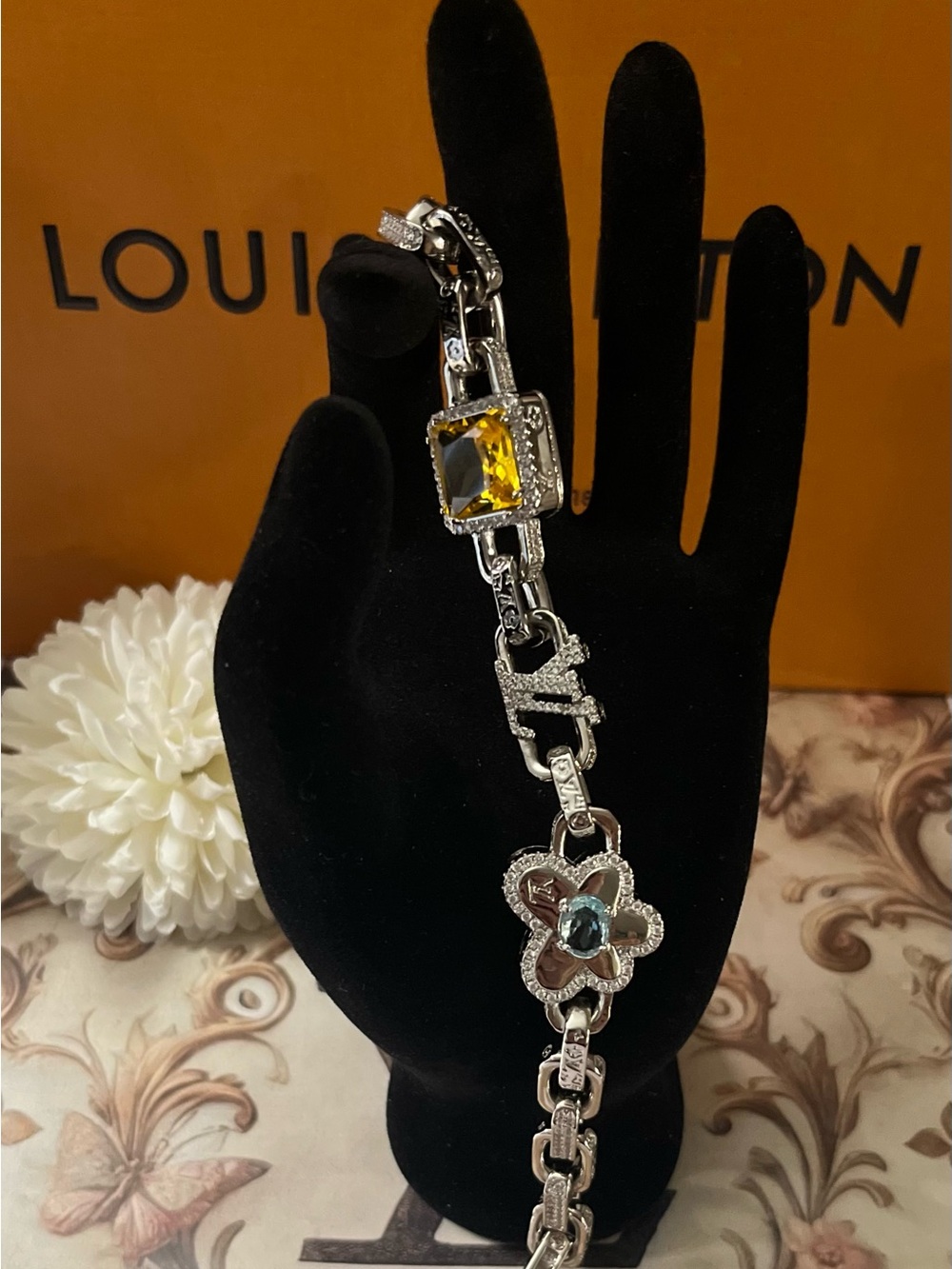 Louis Vuitton Silver-Tone Flower & Crystal Link Bracelet - Yellow & Blue Stones